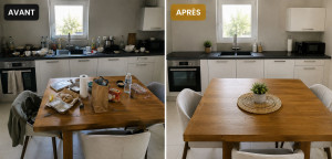 Photo de galerie - Avant / Après – Nettoyage complet de la cuisine et de l’espace repas après le départ des voyageurs. Remise en ordre et préparation du logement pour les prochains arrivants.