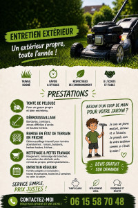 Photo de galerie - Flyer de présentation de mes services d’entretien extérieur. J’interviens pour la tonte, le débroussaillage, le nettoyage de jardin et la remise en état de terrains. Tarifs clairs et devis gratuit sur demande.