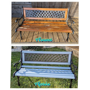 Photo de galerie - 2ème jeunesse pour ce banc ancien abîmé par le temps. demontage, remplacement d'une lame de bois, ponçage, peinture et remontage.