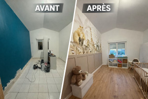 Photo de galerie - Rénovation Chambre : Parquet / Peinture / Tapisserie / Soubassement mural / modification électrique