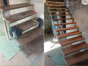 Photo de galerie - Rénovation d’escalier bois et métal sur mesure à Saint-Gingolph (Haute-Savoie), avec modernisation de la structure et finitions soignées pour un rendu esthétique, solide et parfaitement intégré à l’aménagement intérieur.