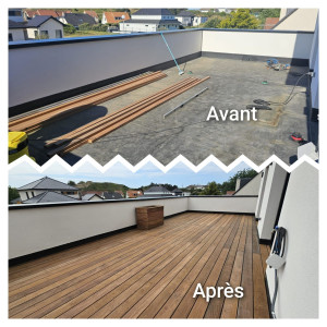 Photo de galerie - Pose d'une terrasse en bois sur plots. Fabrication jardinière.