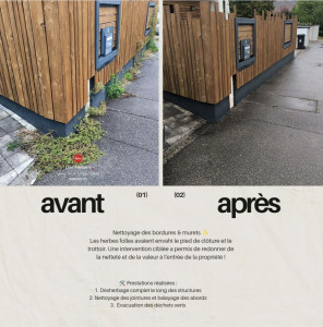 Photo de galerie - Désherbage minutieux des zones enrobées et des murets
• Nettoyage et balayage complet des abords
• Évacuation des végétaux