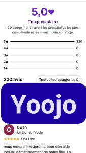 Photo de galerie - 220 avis sur yoojo Classé  top prestataire 
avec une note de 5 sur 5 ⭐️ ⭐️ ⭐️ ⭐️ ⭐️ 
un sans faute 100 % des clients entièrement satisfaits 