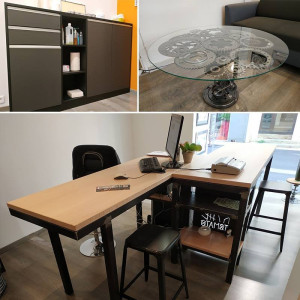 Photo de galerie -  Création d' un comptoir de boutique avec sa table basse et les tabourets assorties 