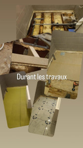 Photo de galerie -  pendant la rénovation séchage et traitement des poutres toucher, nouvelle arrivée des canalisations, nappe de désolidarisation, pose carrelage 