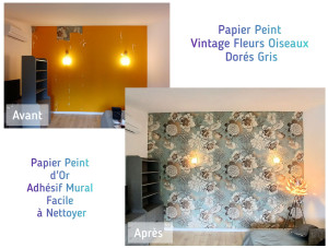 Photo de galerie - Papier Peint Vintage Fleurs Oiseaux Dorés Gris
et d'Or Adhésif Mural Facile à Nettoyer
