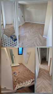 Photo de galerie - Pose parquet en chevron avec finition seuil de portes et plinthes. 