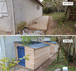Photo de galerie - Construction de 2 abris sur dalle. Intérieur et extérieur en planche de coffrage. isolation murs et toiture. 
Portes fabriquées à partir de volets d'occasion 