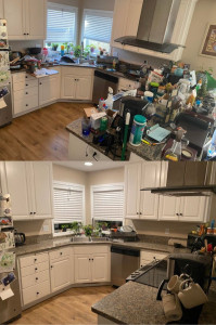 Photo de galerie - Nettoyage complet d’une cuisine avec remise en ordre du plan de travail, nettoyage des surfaces, électroménager et rangement. Résultat propre et organisé.