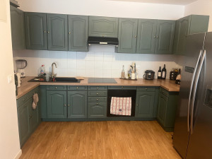 Photo de galerie - La cuisine totalement refaite ( démonter, poncer ,peint , ajuster sur la nouvelle cuisine avec les mêmes éléments et la coupe du plan de travail pour un mur totalement pas droit , plus changer le poignée. )
