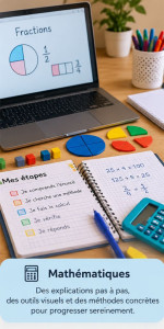 Photo de galerie - Comprendre plutôt qu'apprendre par cœur
Explications pas à pas, manipulation et supports visuels pour rendre les maths plus accessibles.