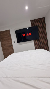 Photo de galerie - Rénovation chambre : peinture murale et plafond, pose de panneaux tasseaux de bois décoratifs et intégration TV. Un style élégant et chaleureux.