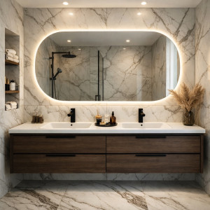 Photo de galerie - Pose d’une salle de bain carrelage marbre avec meuble double vasque et un miroir lumineux agencement effectuer par notre décoratrice d’intérieur. Nhésitez pas à nous contacter nous sommes à votre disposition pour vous conseiller sur vos futur projet 