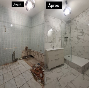 Photo de galerie - Réalisation complète d'une salle de bains :

- Pose d'un bac à douche
- Installation d'une paroi de douche
- Pose d'un meuble de salle de bains
- Réalisation de la tuyauterie
- Création des évacuations