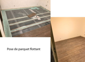 Photo de galerie - Pose de parquet flottant dans une chambre + installation d'un sol chauffant avec par vapeur et mousse phonique.