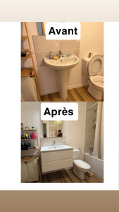 Photo de galerie - Montage meuble en kit, plus fixation au mur avec nouvelle vasque + raccordement