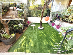 Photo de galerie - Aménagement jardinet :
Gazon​
Bordure Plantation​
Drainage​