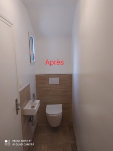 Photo de galerie - Transformation de WC classique en WC suspendu / peinture murs et plafond / carrelage mural 