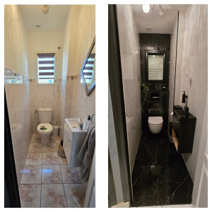 Photo de galerie - Rénovation complète d'un WC, carrelage 60x120cm imitation marbre, pose du WC suspendu et agencement complet.