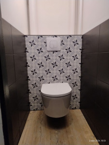 Photo de galerie - Changement d'un toilettes standard par un suspendu avec pose de revêtements de sol et carrelage 