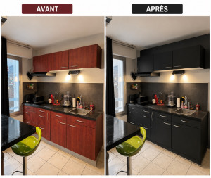 Photo de galerie - Préparation des supports, ponçage, nettoyage et application de deux couches de peinture Noir Smoky sur les façades. Un rendu moderne, élégant et une finition soignée.