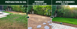 Photo de galerie - Préparation du sol, nivellement et semis de gazon : un beau résultat en seulement deux semaines.