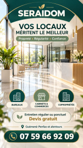 Photo de galerie - ✨ Professionnels, confiez-moi l’entretien de vos locaux !

Vous recherchez une personne sérieuse et attentive pour prendre soin de vos espaces professionnels ?

Avec SERAIDOM, vous bénéficiez d’une interlocutrice unique et d’un suivi personnalisé 