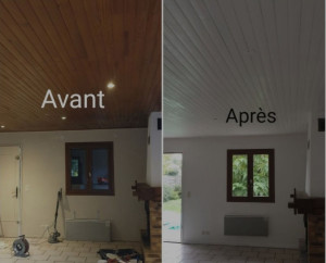 Photo de galerie - « Transformation d’un espace avec une rénovation peinture et tapisserie. Le plafond en bois a été repeint en blanc, les murs rafraîchis avec une couleur claire, créant une ambiance lumineuse et moderne. »