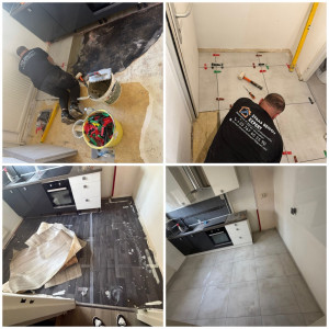 Photo de galerie - Pose professionnelle de carrelage dans la cuisine en cours. 