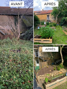 Photo de galerie - Jardin avant/après (débroussaillage, remise en forme du terrain, seme de gazon, création bac potagers