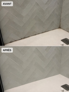 Photo de galerie - Dans la douche, l'humidité excessive due à un système de drainage bouché a provoqué l'apparition de moisissure. J'ai retiré l'ancien joint silicone, effectué un traitement anti-moisissure, puis appliqué avec soin un nouveau joint silicone transparent.