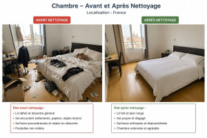 Photo de galerie - Chambre avant et après nettoyage