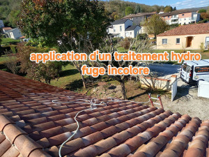 Photo de galerie - Application d'un traitement hydrofuge après nettoyage et démoussage complet de la toiture 