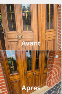 Photo de galerie - Poncage + Mise en vernis de porte d'entrée avec moulures