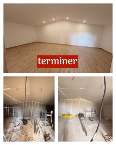 Photo de galerie - Création d’un studio au niveau d’un chalet en bois, qui comporte isolation, pose de BA13, ragréage, sol, pose de parquet, finition, peinture