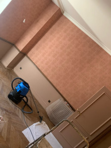 Photo de galerie - Pose de papier peint avec un soubassement en peinture plus plafonds et boiseries