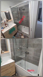 Photo de galerie - Modification du salle d'eau par une salle de bain.  dépose paroi et bac a douche . repose baignoire et pare bain . 