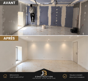 Photo de galerie - Rénovation complète d’une pièce : préparation des murs et plafonds, enduits, bandes, ponçage et mise en peinture. Réalisation des finitions et pose des équipements électriques.