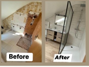 Photo de galerie - Rénovation de salle de bain complet carrelage + Plomberie. avant et après 