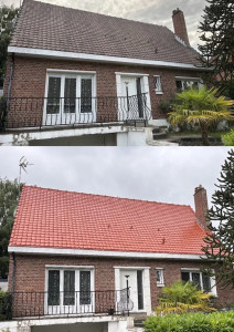 Photo de galerie - Avant / Après traitement et peinture d’une toiture 