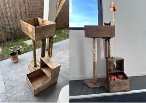 Photo de galerie - Création d’un arbre à chat en caisse de vin et bois sur mesure 