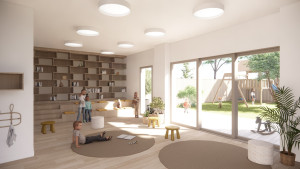 Photo de galerie - Le projet propose l’aménagement d’une crèche lumineuse et fonctionnelle dans un bâtiment neuf avec jardin. Organisée autour d’un espace central ouvert, la conception favorise le bien-être des enfants et du personnel.