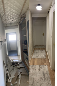 Photo de galerie - **“Rénovation complète d’un couloir ⚡ Avant / Après -  Dépose de l’ancien - Rénovation mur et pose du sol - Remise en conformité électrique (mise à la terre) ? Peinture des portes  Résultat : un espace propre, moderne et sécurisé