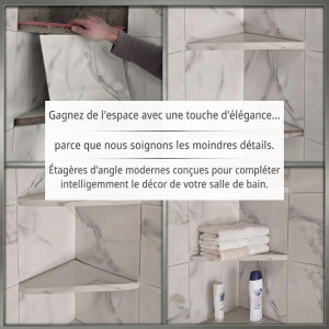 Photo de galerie - Gagnez de l'espace avec une touche d'élégance... parce que nous soignons les moindres détails. Étagères d'angle modernes en carrelage effet marbre, conçues sur mesure pour optimiser et sublimer votre salle de bain
