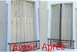 Photo de galerie - Rénovation de volets en métal 
ponçage,grattage de la rouille et applications de stop rouille avant la peinture 
résultats une nouvelle cliente satisfaite