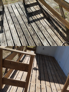 Photo de galerie - Avant/ après 
nettoyage d'une terrasse bien encrassé avec application d'un saturateur 