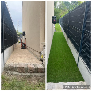 Photo de galerie - Pose d’un gazon synthétique et d’un bordure en pavé 