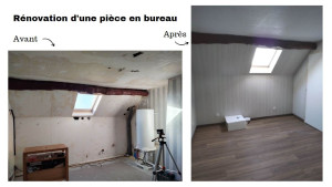 Photo de galerie - Rénovation et transformation d'une pièce en bureau. Pose de dalles au plafond, lambris mural, parquet, création d'une cloison et d'une porte pour cacher un ballon d'eau chaude.