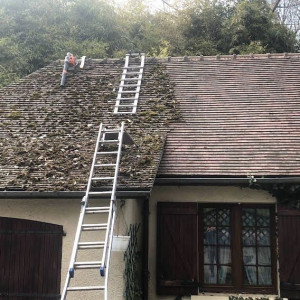 Photo de galerie - Démoussage de toitures avec évacuation des mousse et nettoyage de gouttières avec un traitement antimousse 